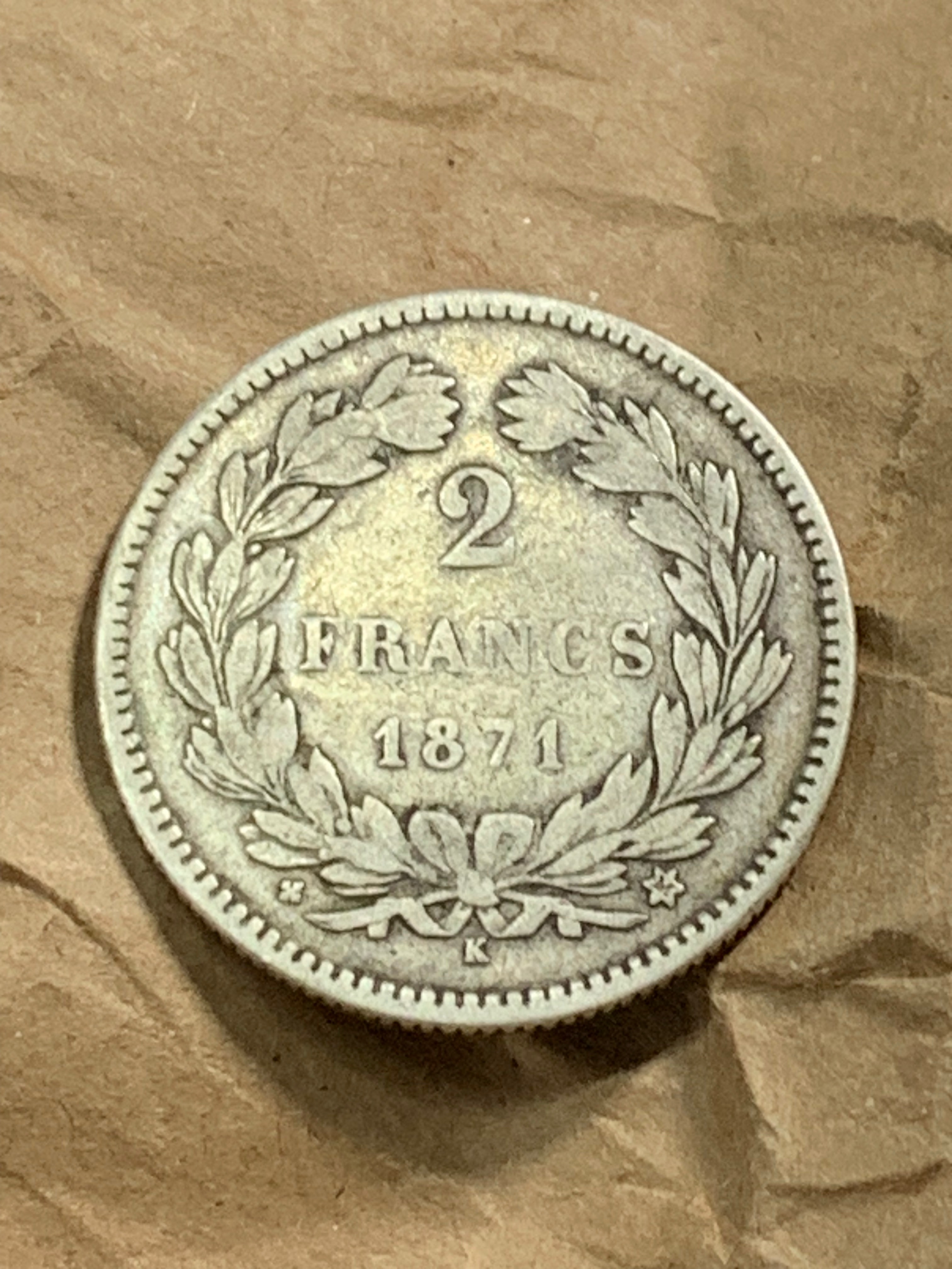 militaria : 2 FRANCS ARGENT CERES 1871 K BORDEAUX