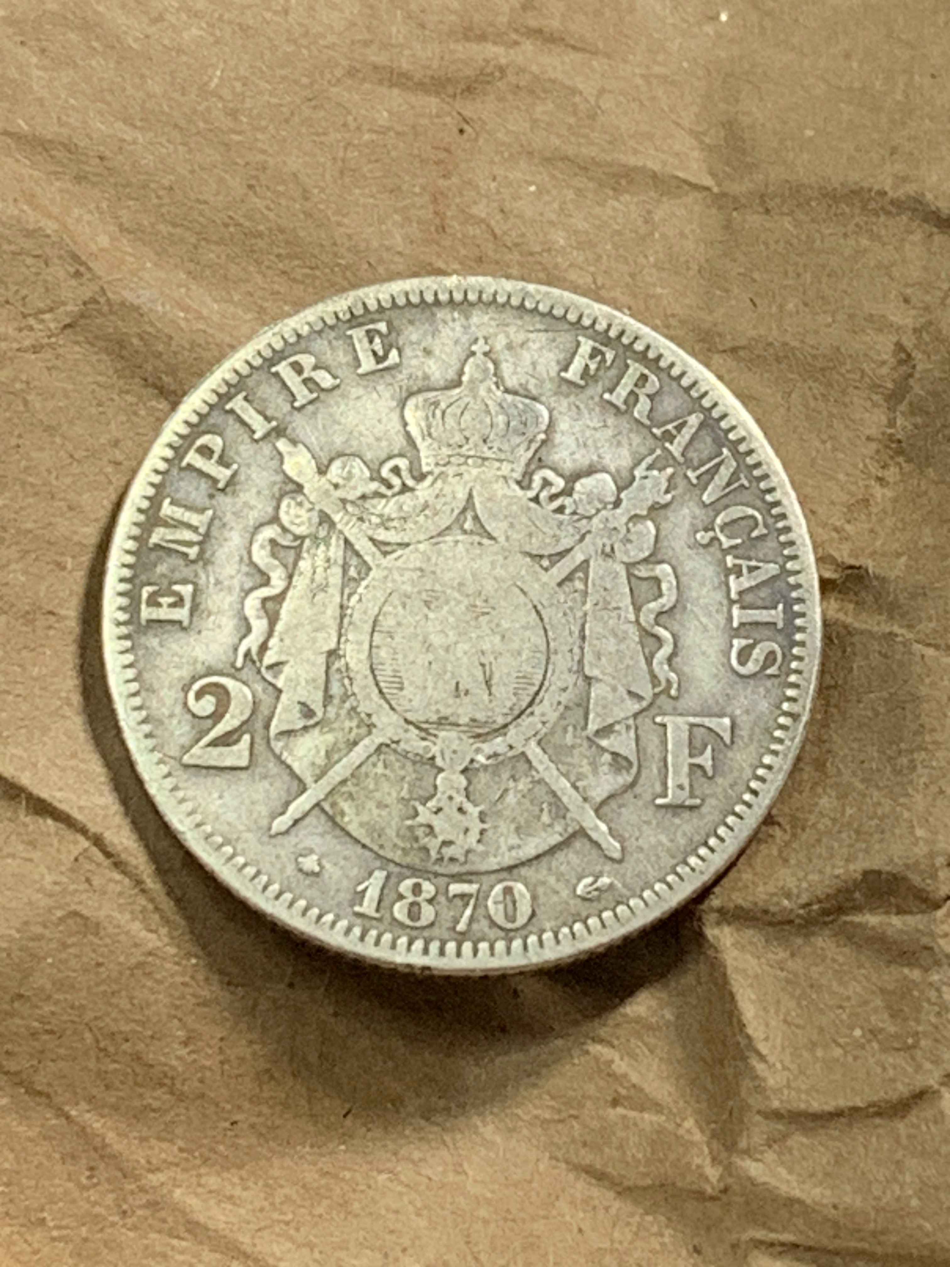 militaria : 2 FRANCS ARGENT NAPOLEON III 1870 A PARIS